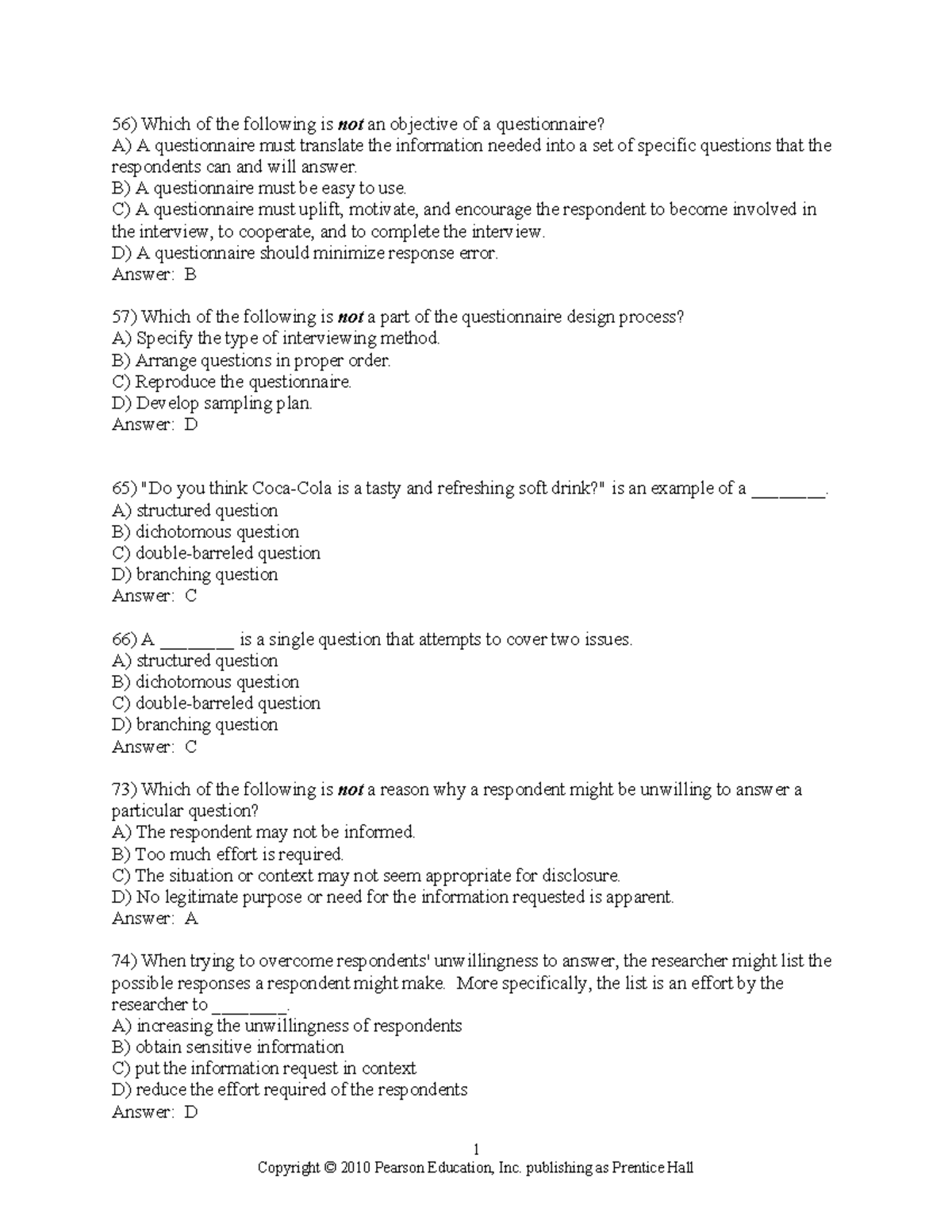 Ch 10 Testbank: Key Concepts in Questionnaire Design and Analysis - Studocu