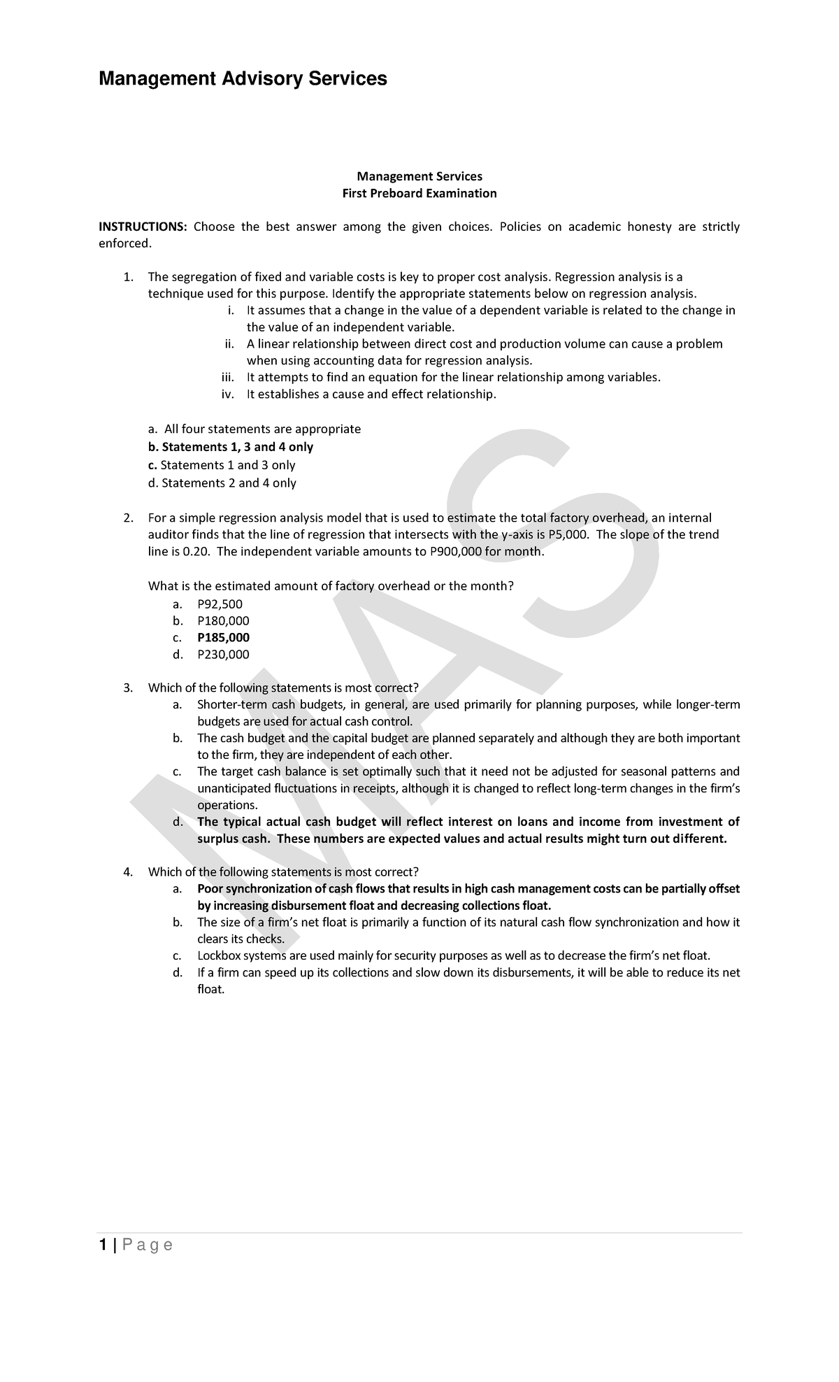 Management Advisory Services: First Preboard Exam with Answer Keys ...