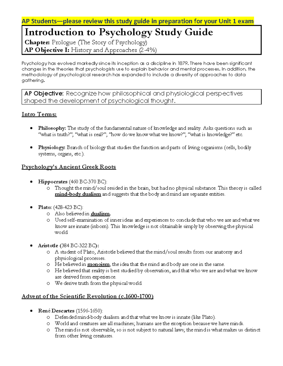 AP Psychology Unit 1 Study Guide: Introduction & Research Methods - Studocu