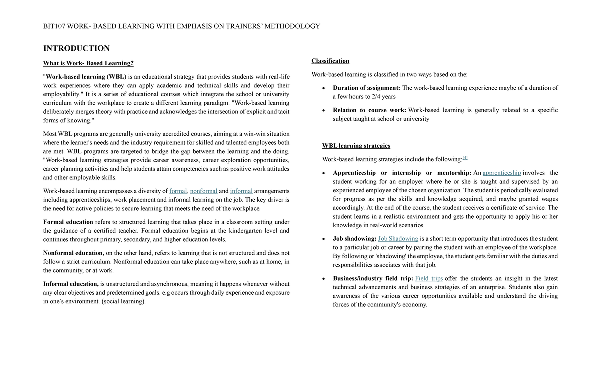 BIT107 Work-Based Learning: Introduction to Methodologies and ...