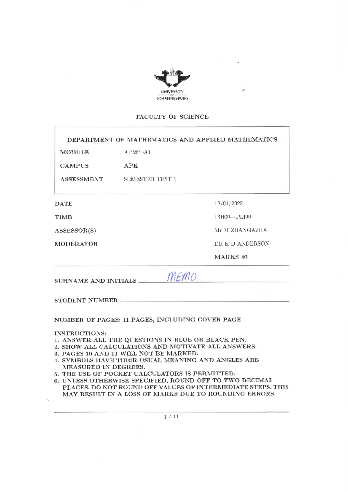 APM2EA1 Semester Test 1: Detailed Memo Analysis - Studocu