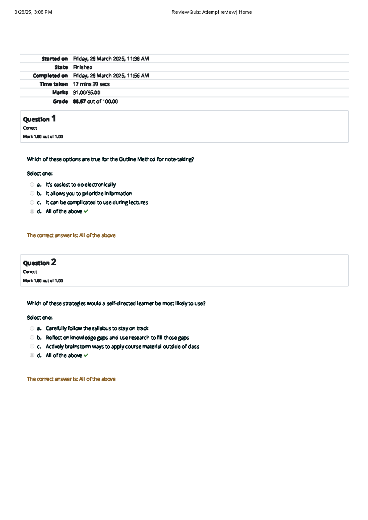Review Quiz Attempt review 2 - Started on Friday, 28 March 2025 , 11 : ...