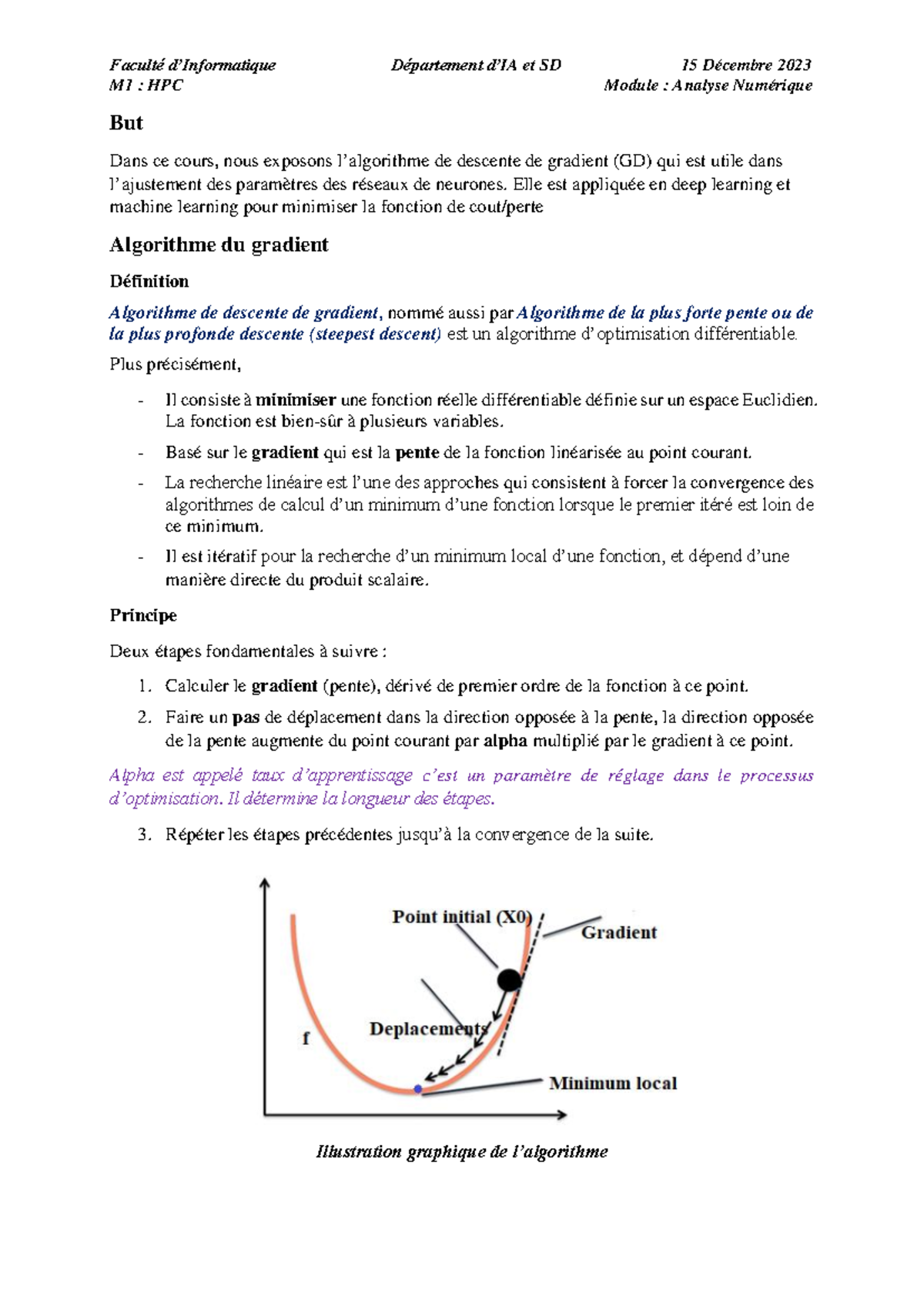 M1 : Analyse Numérique - Algorithme de Descente de Gradient - Studocu
