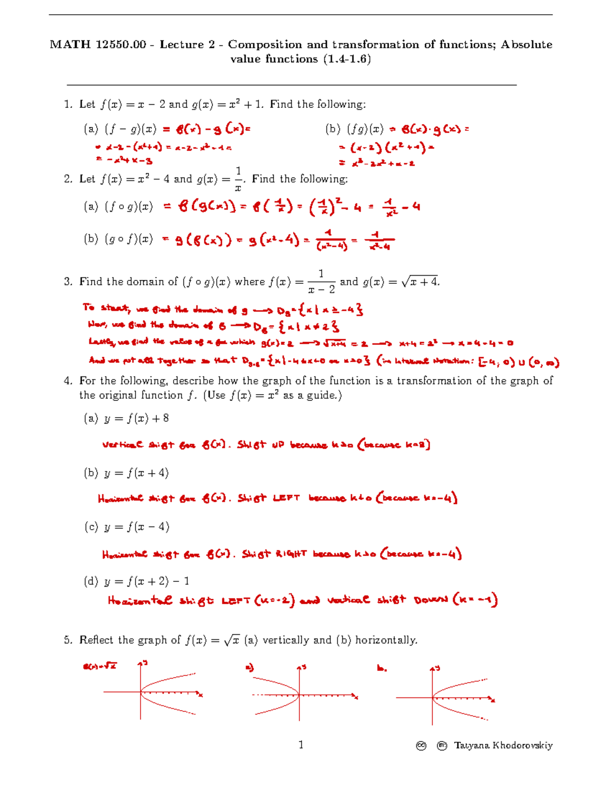 MATH 12550.00 - Lecture 2: Composition & Transformations of Functions ...