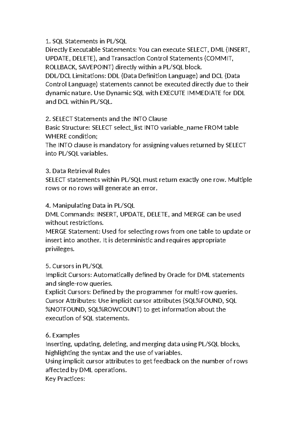 PL/SQL SQL Review - Key Concepts and Practices for Mastery - Studocu