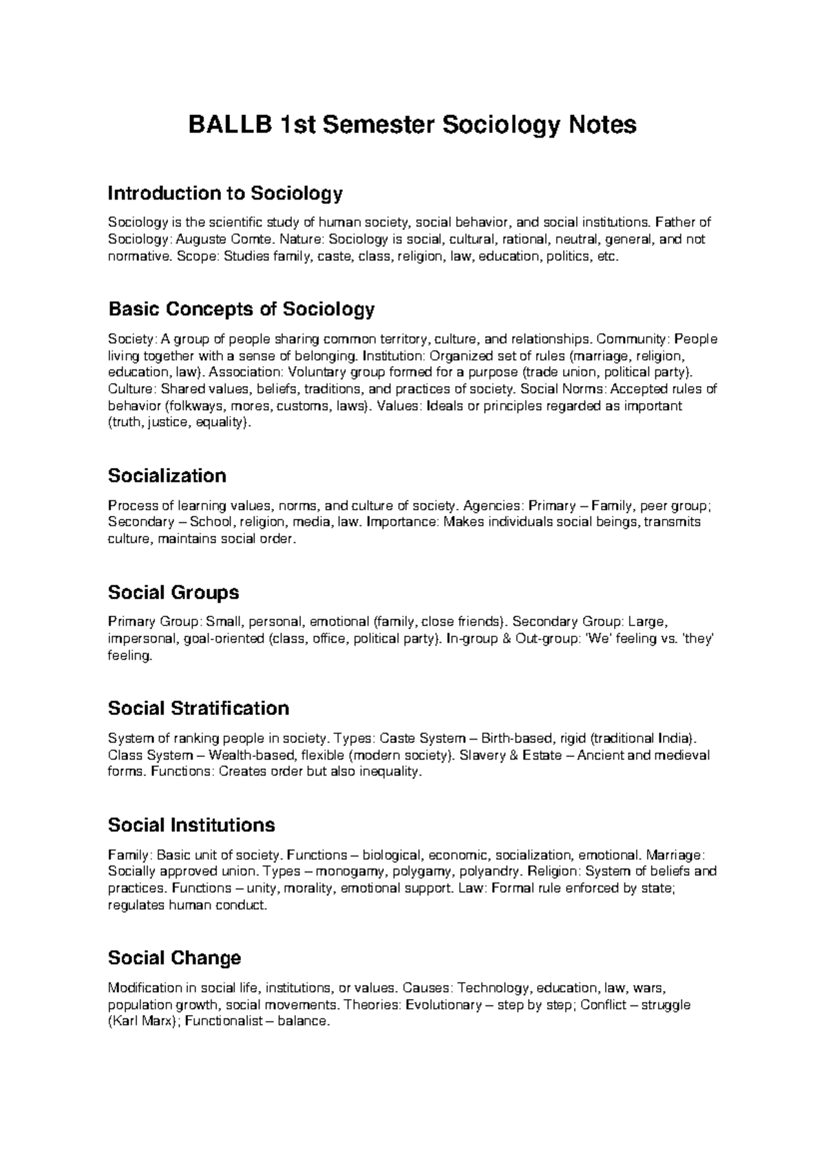 BALLB 1st Sem Sociology Notes: Introduction to Key Concepts - Studocu