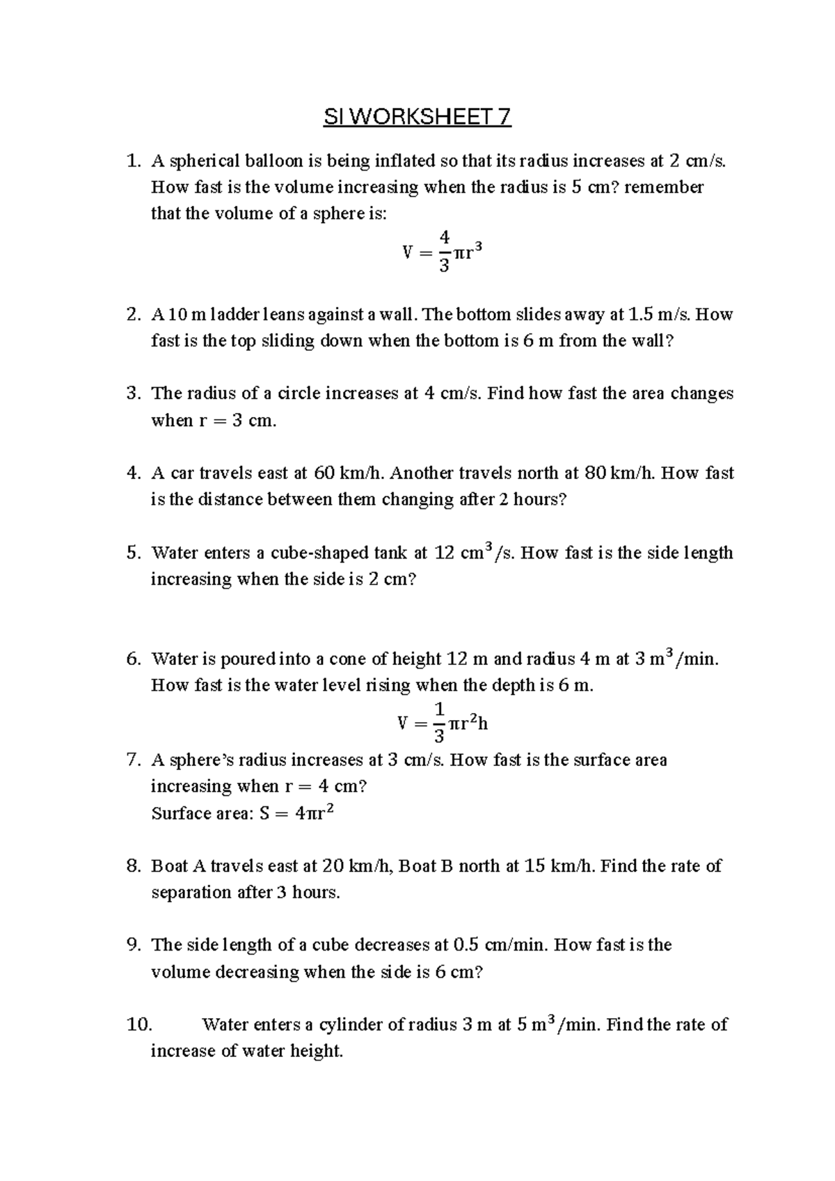 SI Worksheet 7: Rates of Change in Geometry Problems - Studocu