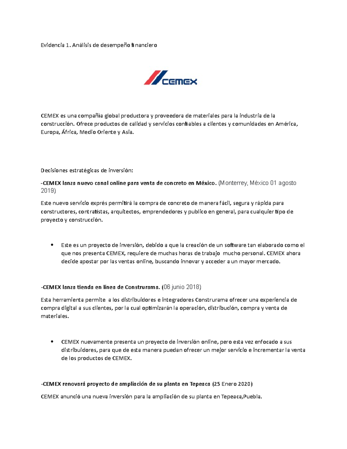 Análisis Financiero y Estrategias de CEMEX: Evidencia 1 - Studocu