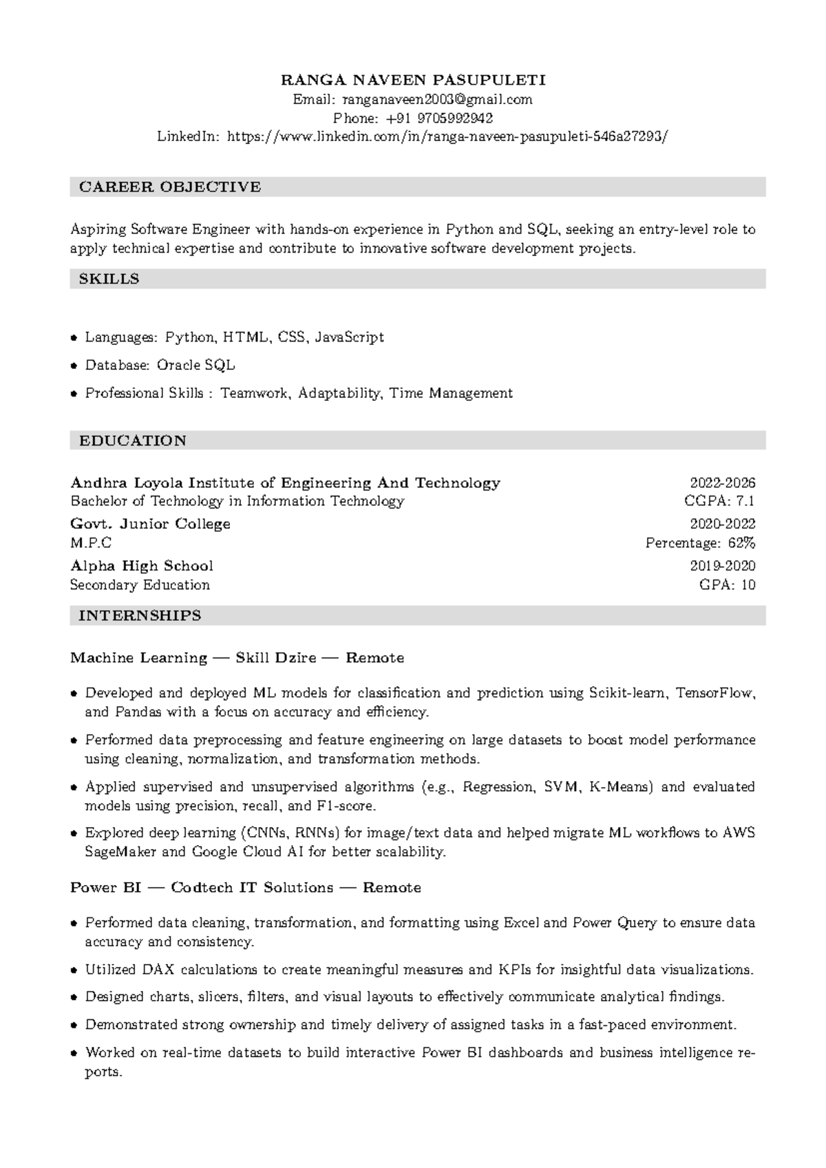 Resume - Aspiring Software Engineer with Python & SQL Skills - Studocu