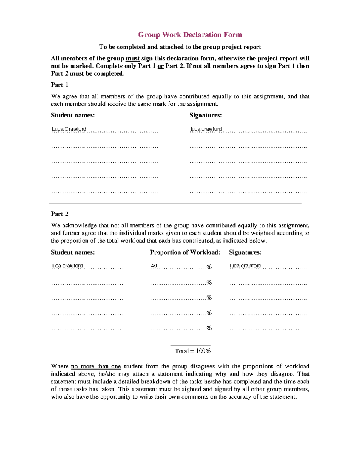 Assessment Template - Group Work Contribution Declaration Form - Studocu