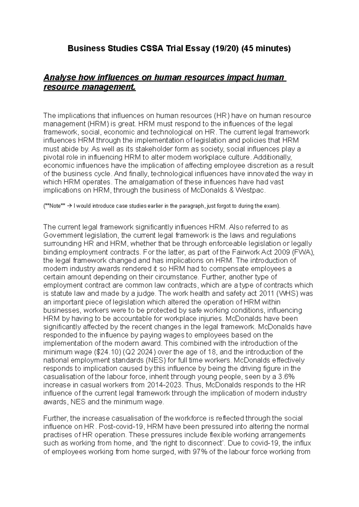 Business Studies CSSA Trial Essay: HR Influences on HRM Analysis - Studocu
