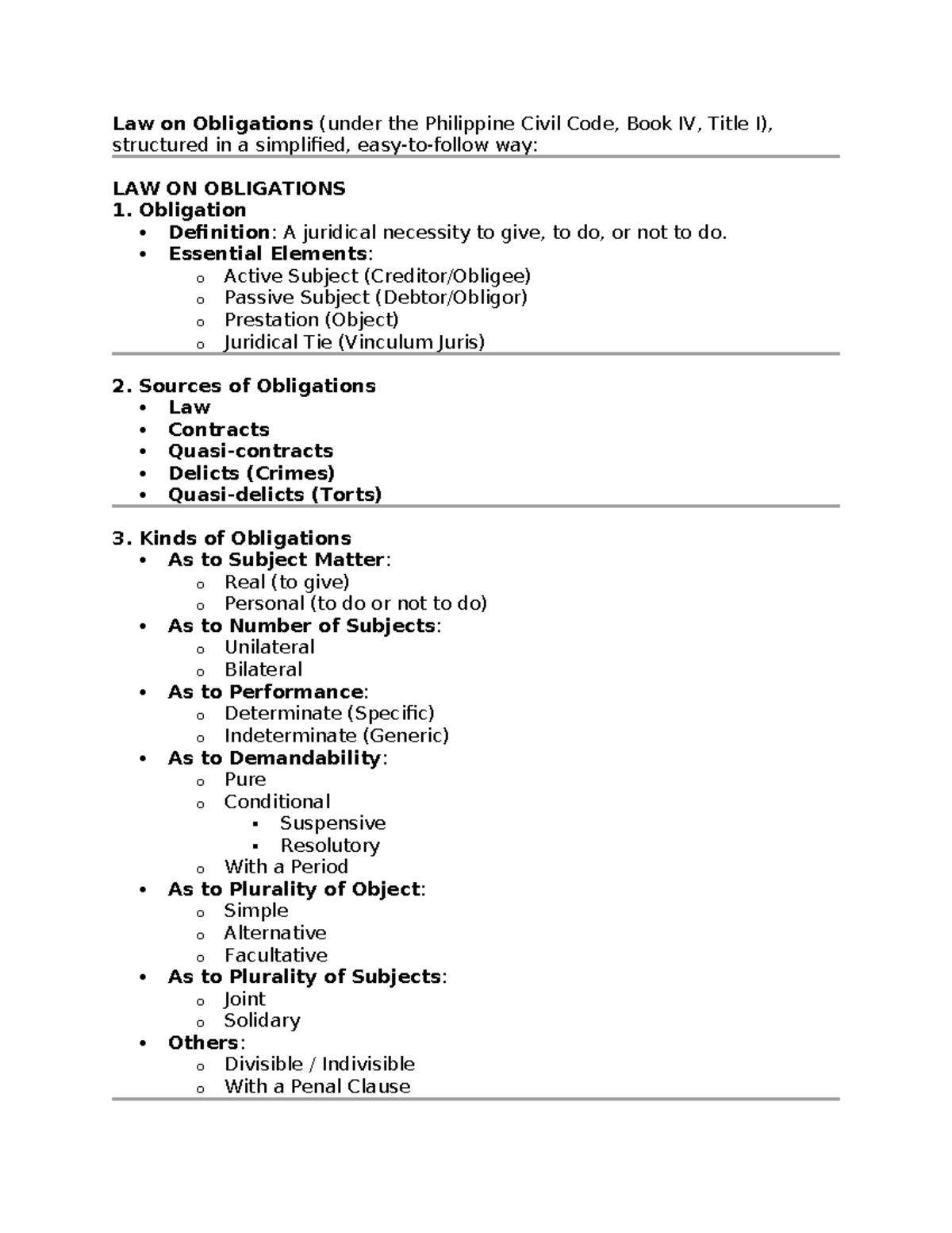 Notes Law on Obligations - Law on Obligations (under the Philippine ...