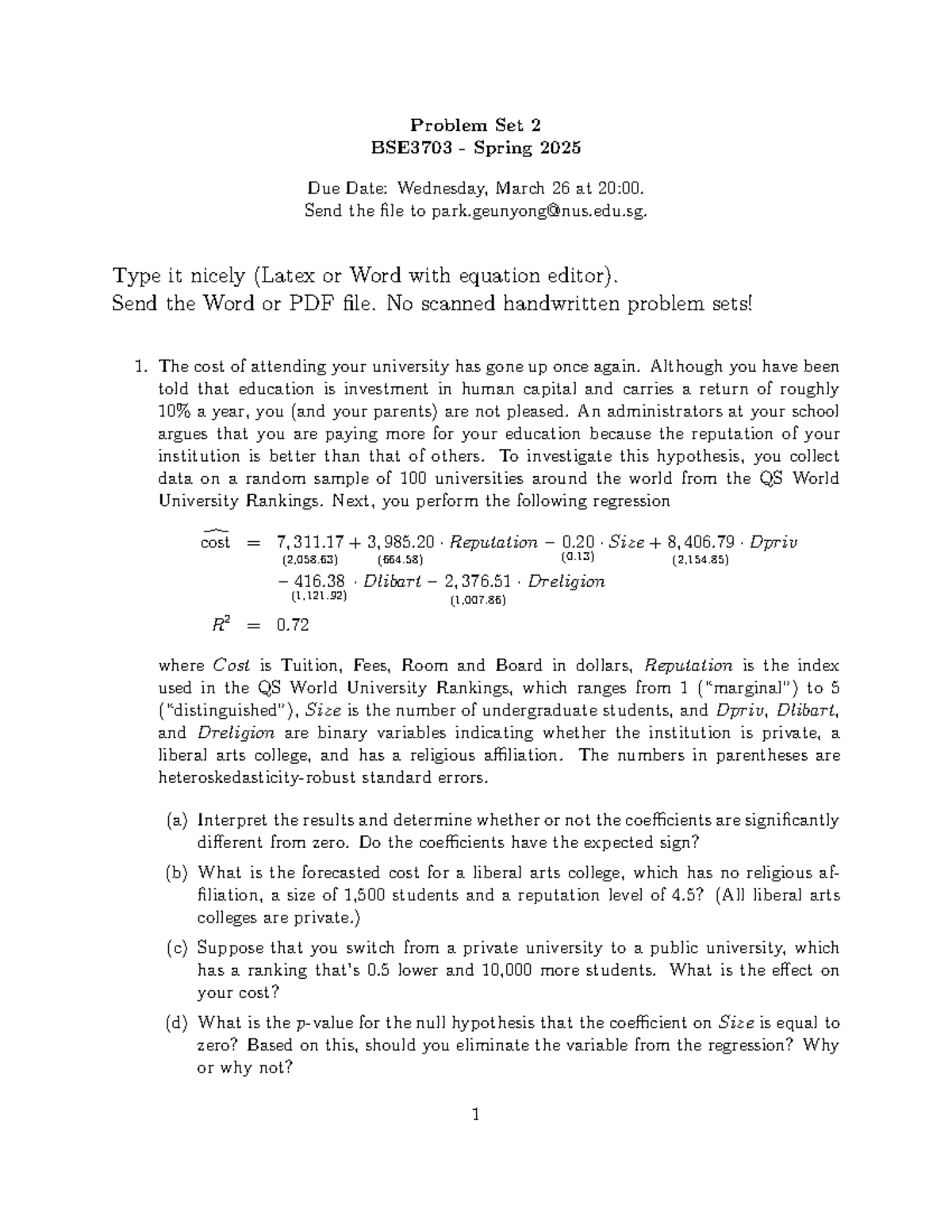 Assignment 2 Analysis and Regression Insights for BSE3703 Spring 2025 ...