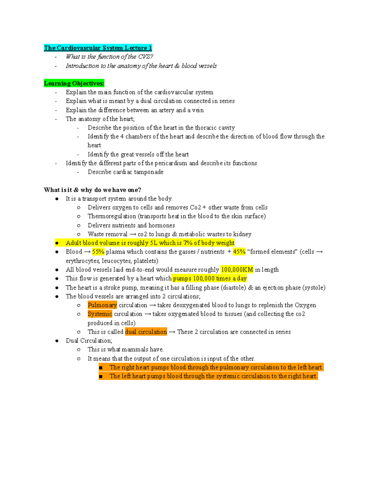 CVS 101: Lecture Notes on the Cardiovascular System (Lectures 1-6 ...