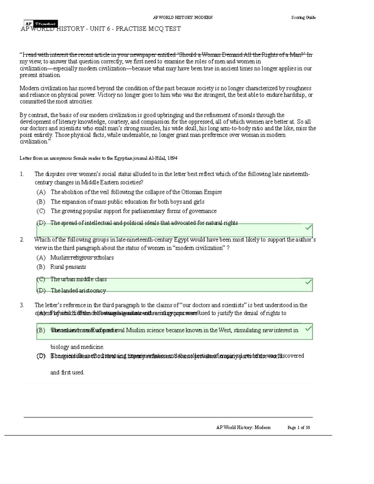 AP WORLD HISTORY: MODERN Unit 6 Practice MCQ Test Scoring Guide - Studocu