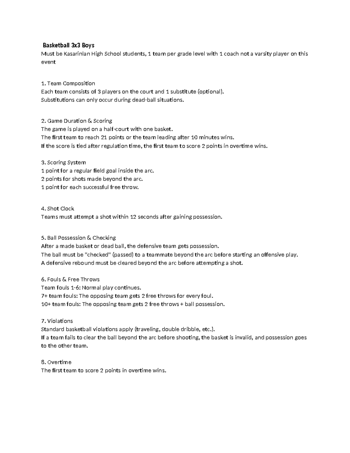 Basketball 3x3 Boys Event Rules - Kasarinlan High School - Studocu