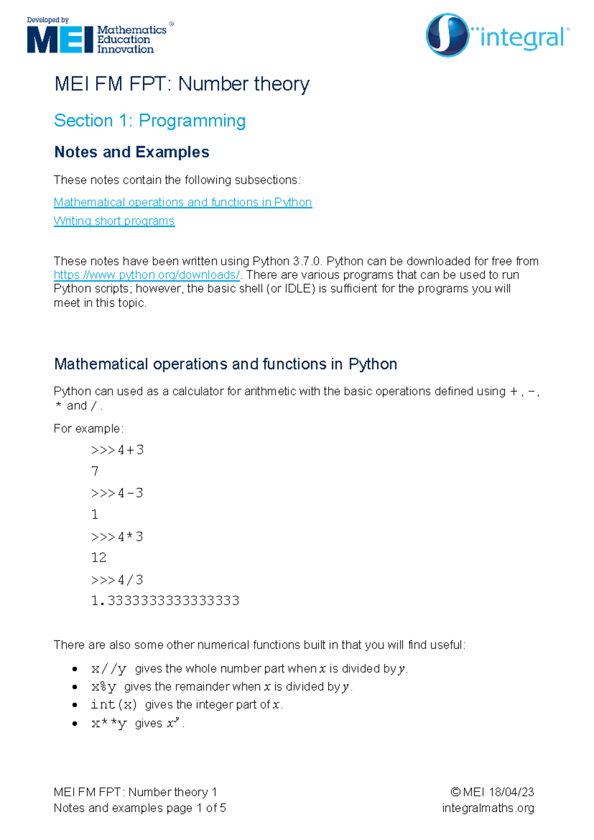 MEI FM FPT: Number Theory 1 - Python Programming Notes - Studocu