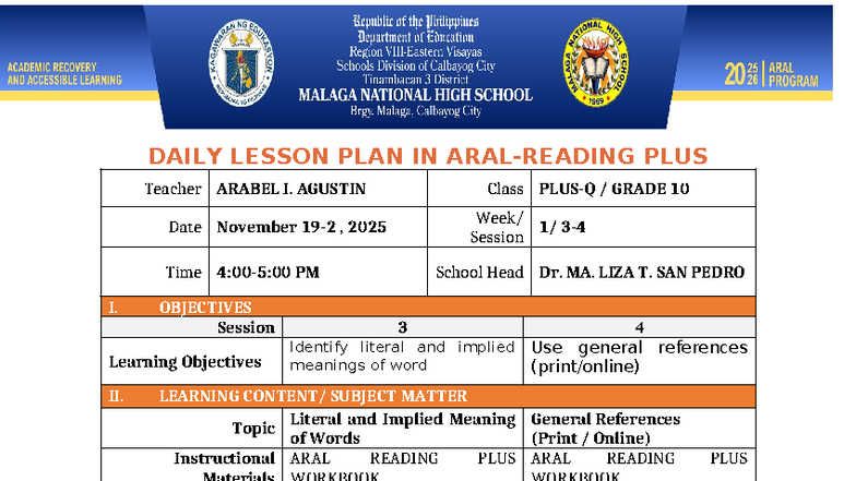 DAILY LESSON PLAN: ARAL READING PLUS GRADE 10 - SESSION 3-4 - Studocu