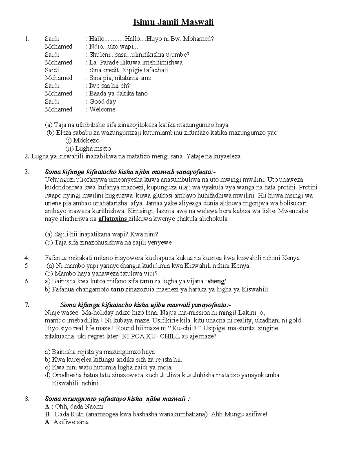 Isimu Jamii Maswali Kiswahili Secondary School - Isimu Jamii Maswali ...