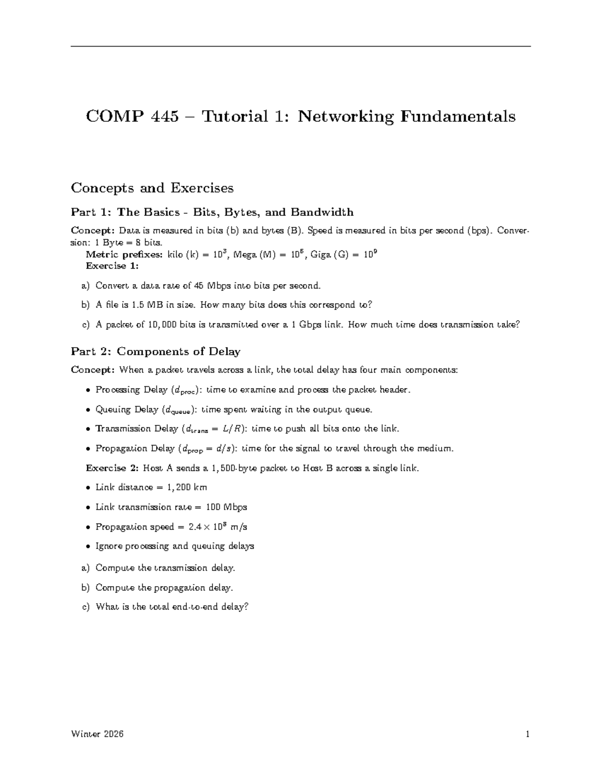 COMP 445 Tutorial 1: Networking Fundamentals & Delay Exercises - Studocu