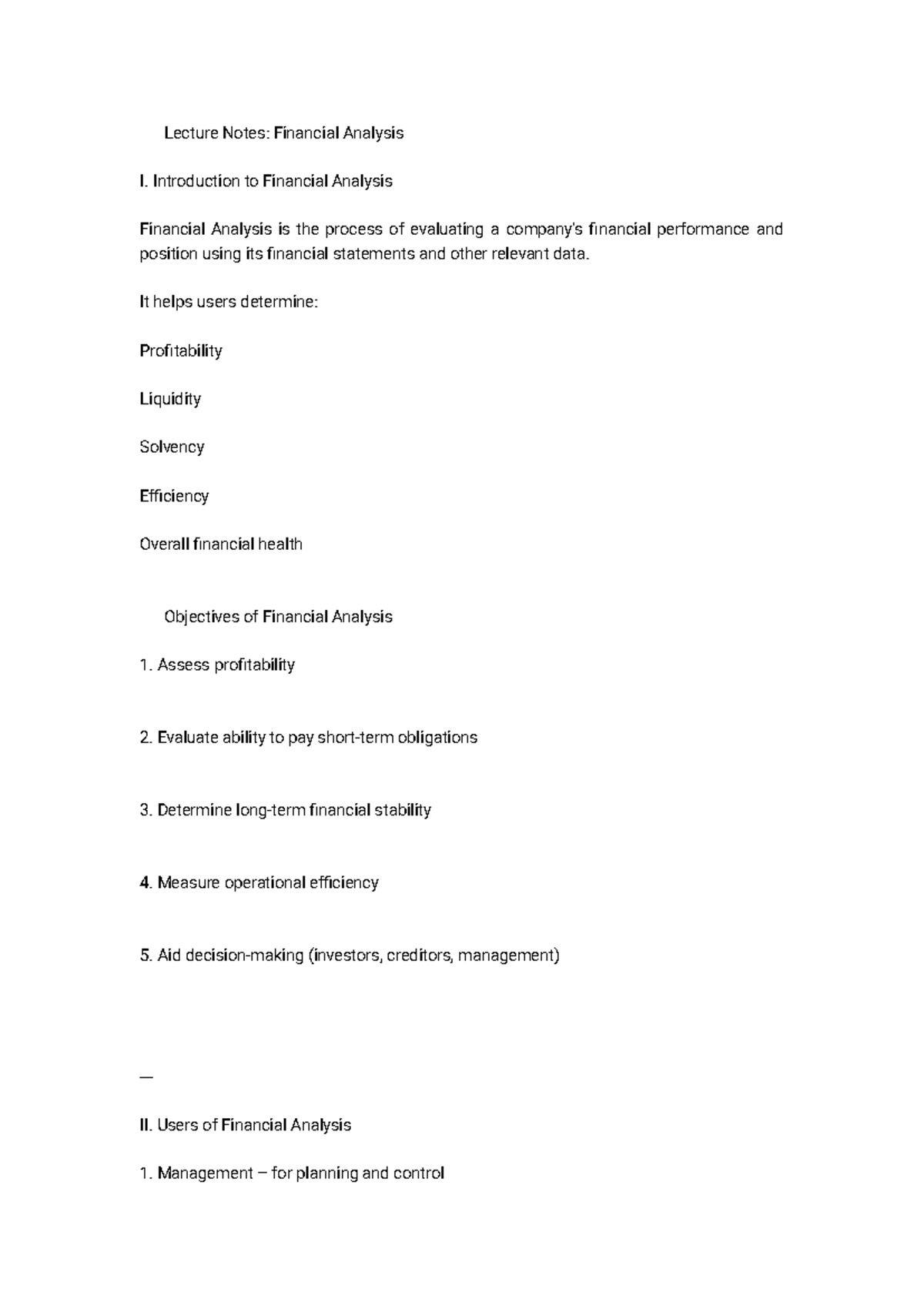 Lecture Notes: FIN 101 - Introduction to Financial Analysis - Studocu