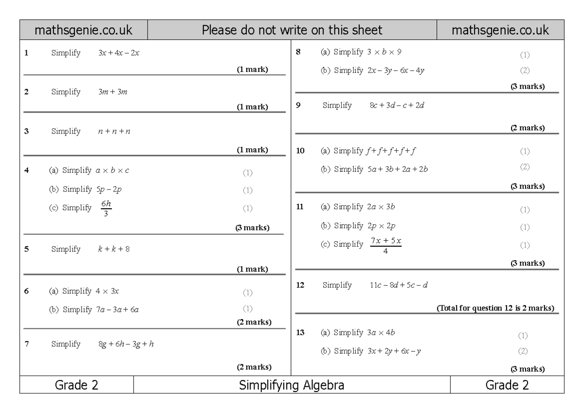 MATH101: Simplifying Algebra Worksheet 2 - Studocu
