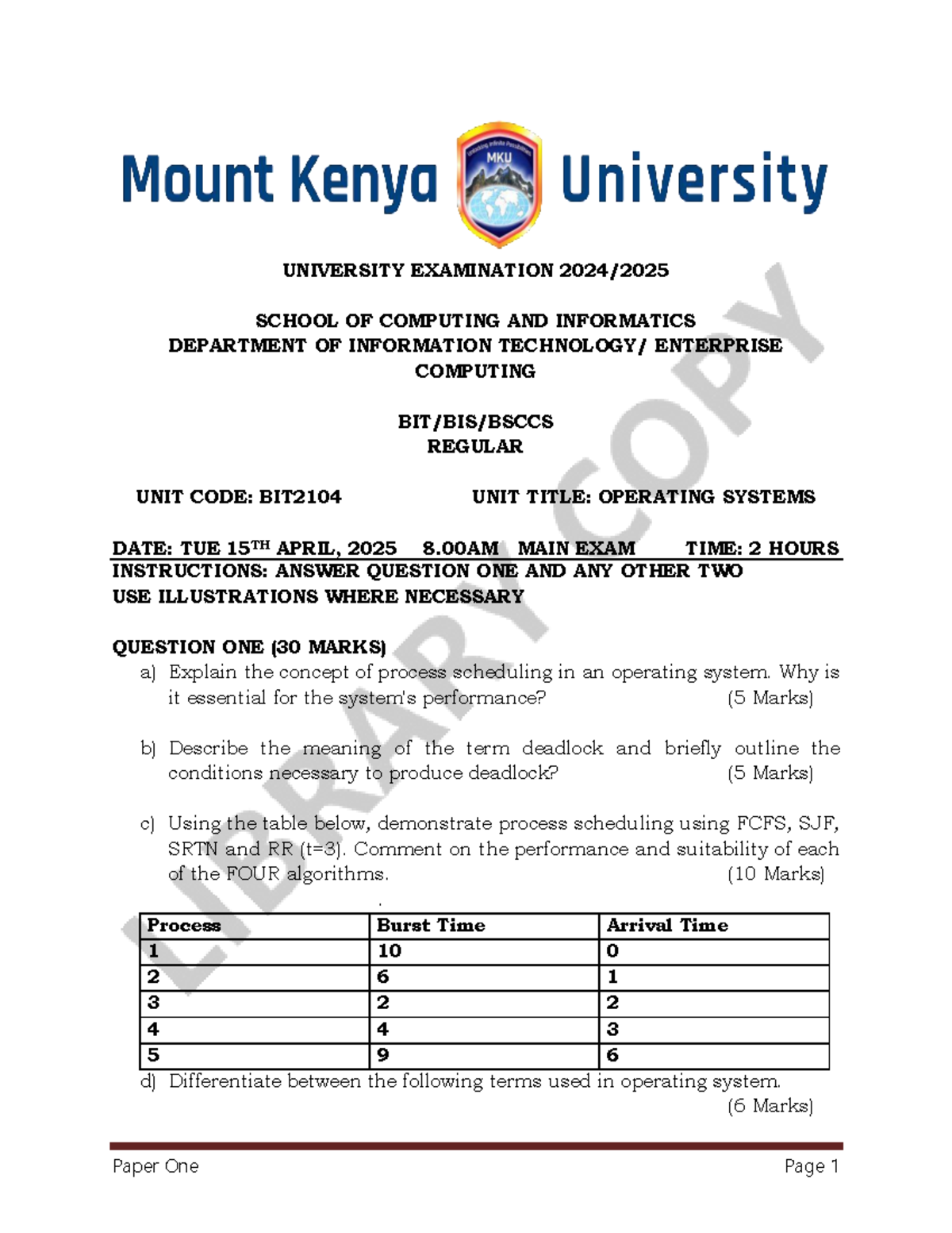 BIT2104 Operating Systems Final Exam Practice Questions - Studocu