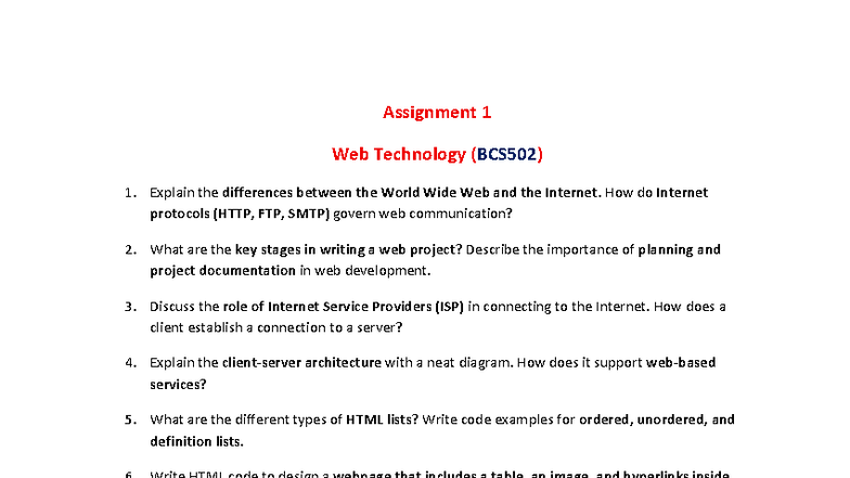 Assignment 1 - Web Technology (BCS502) Overview and Key Concepts - Studocu
