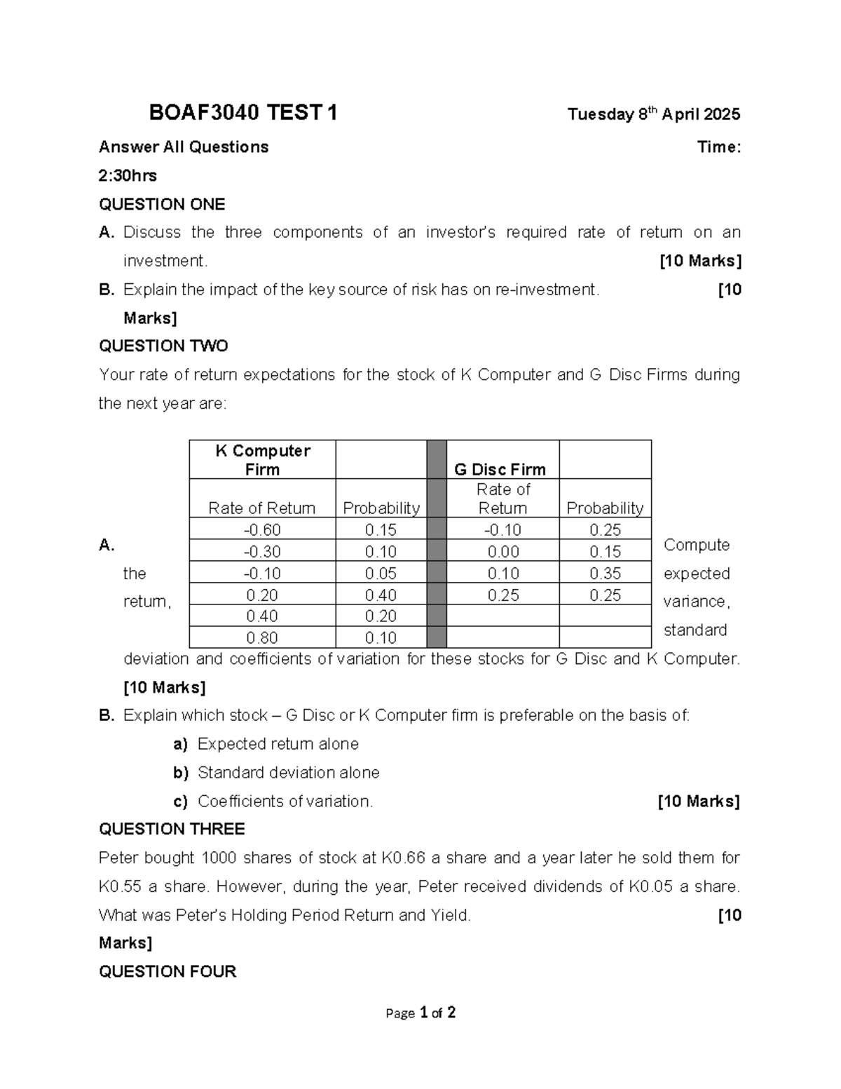 BOAF3040 Test 1 Review: Investment Returns & Risk Analysis - Studocu
