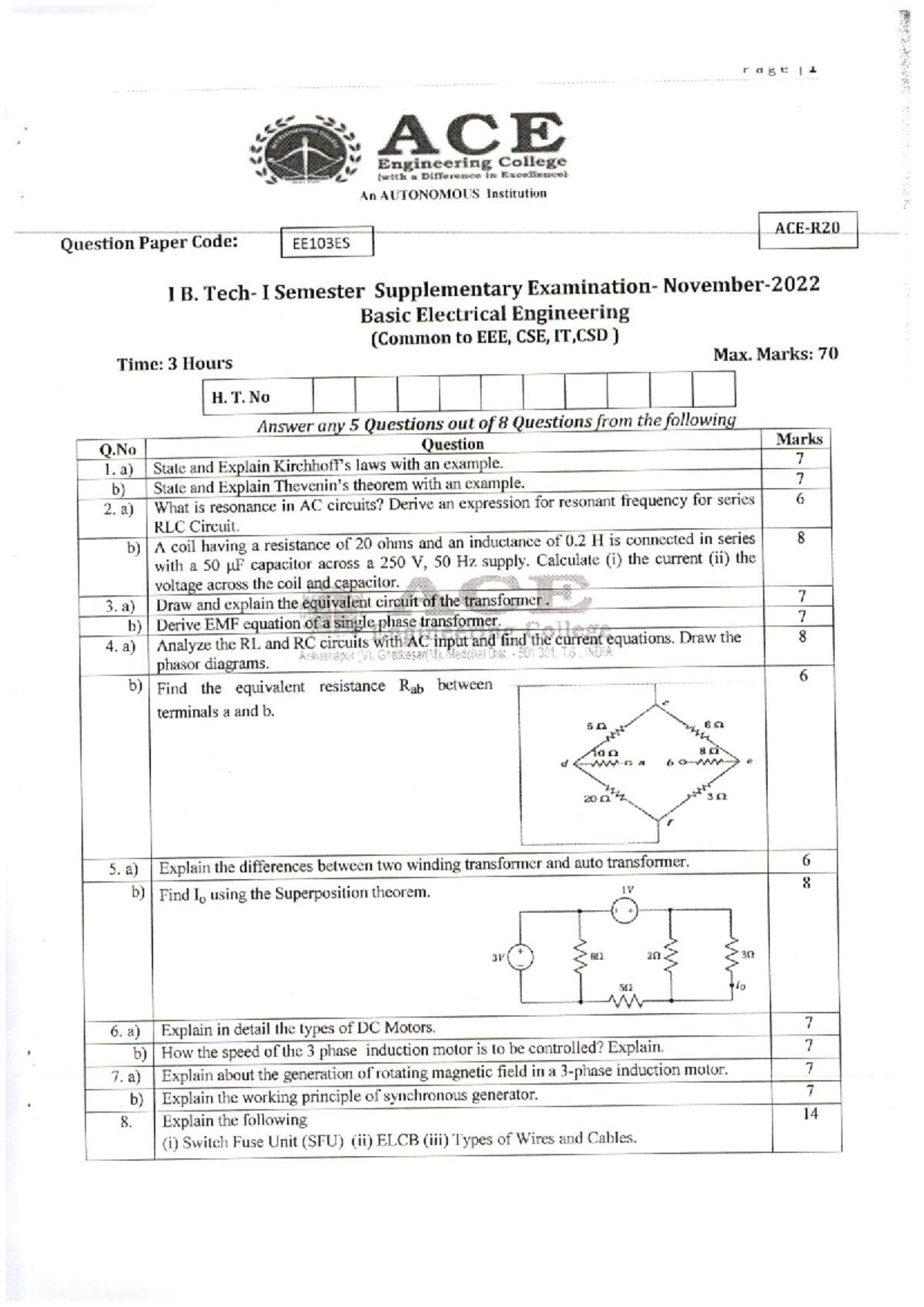 EE103ES: Supplementary Exam QP for Basic Electrical Engineering - Nov ...