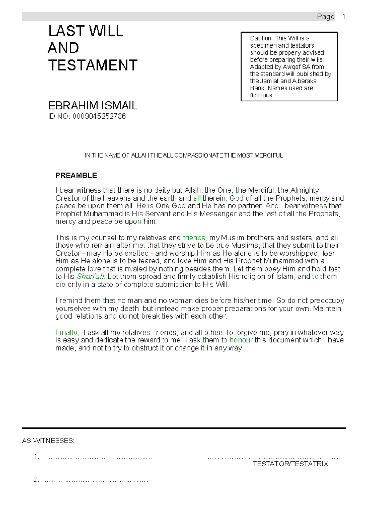 TESTATE SUCCESSION: LAST WILL AND TESTAMENT EXAMPLE - Studocu