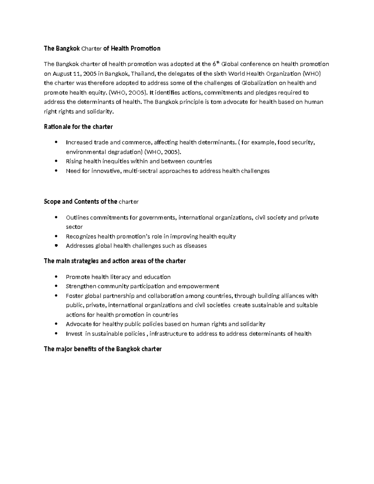 The Bangkok Charter of Health Promotion - (WHO, 2OO5). It identifies ...