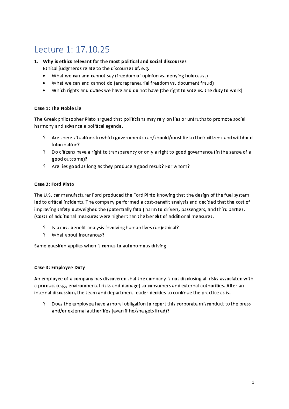 Business Ethics Lecture Notes: Key Concepts and Case Studies (BE101 ...