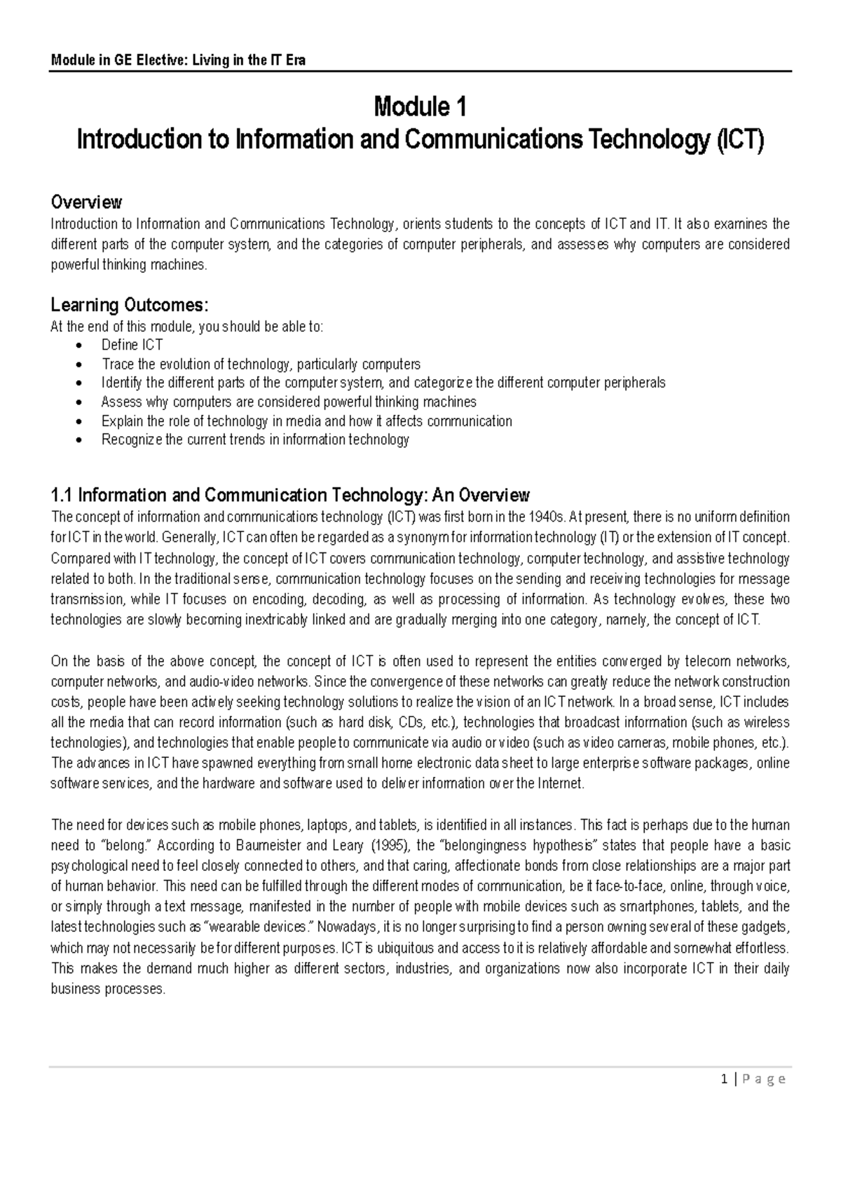 GE Elective: Living in the IT Era - Module 1 Overview of ICT - Studocu