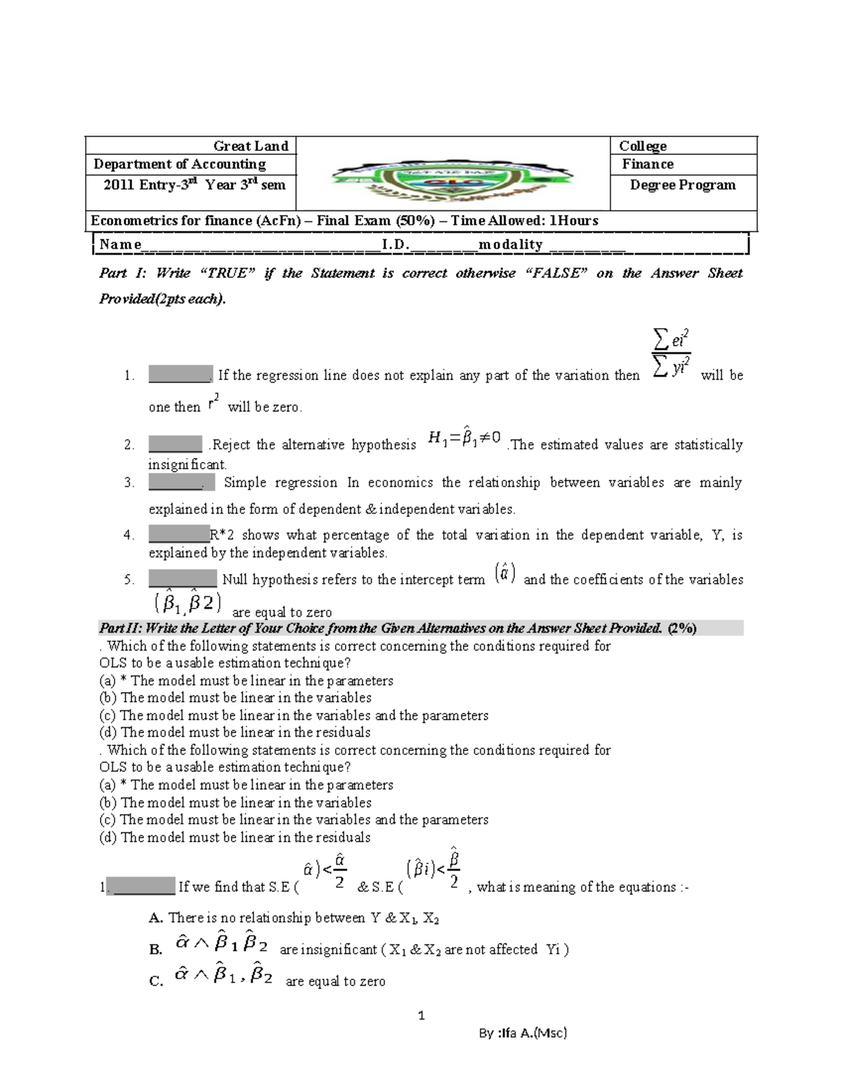 Final Exam Notes on Econometrics for Finance (GLC) - Studocu