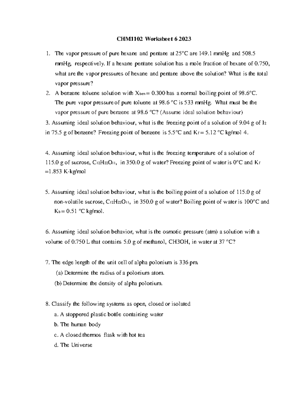 CHM 1102 Final Exam Worksheet 6 Solutions 2024 - Studocu
