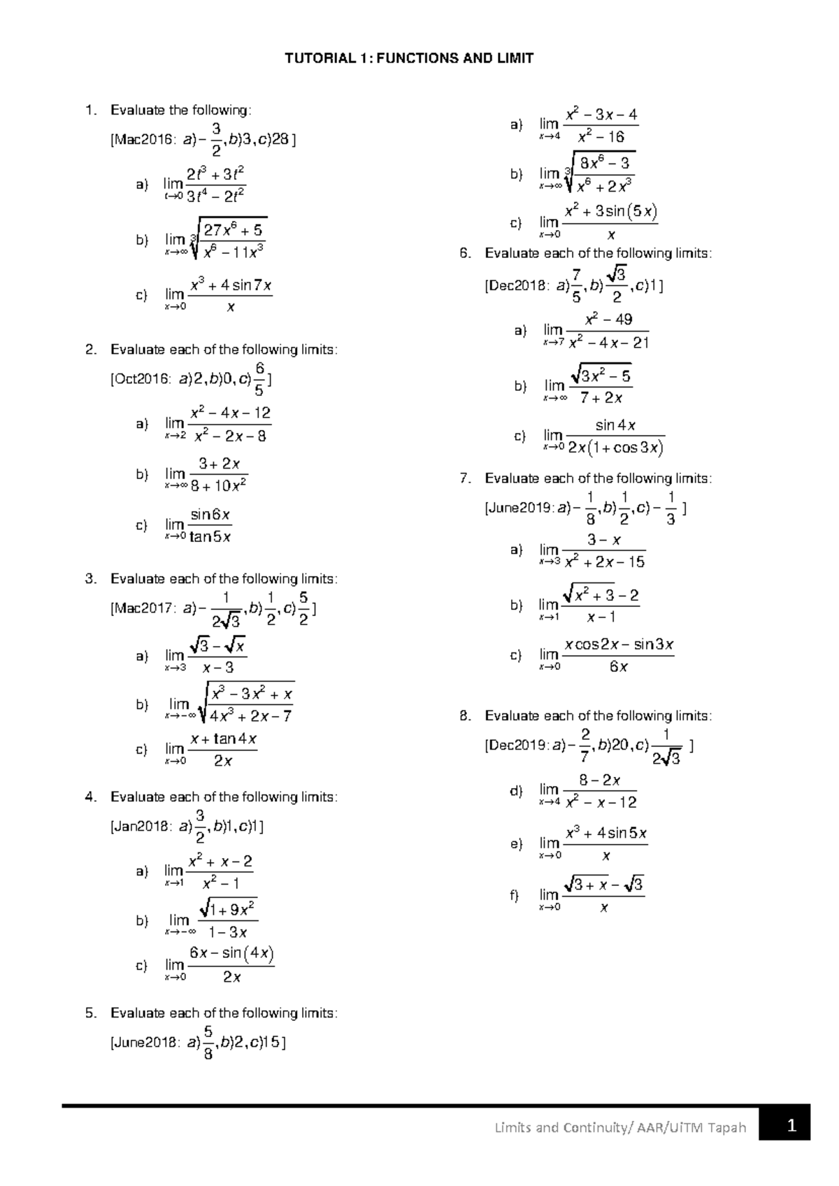 T1 Functions and Limit - TUTORIAL 1: FUNCTIONS AND LIMIT Limits and ...