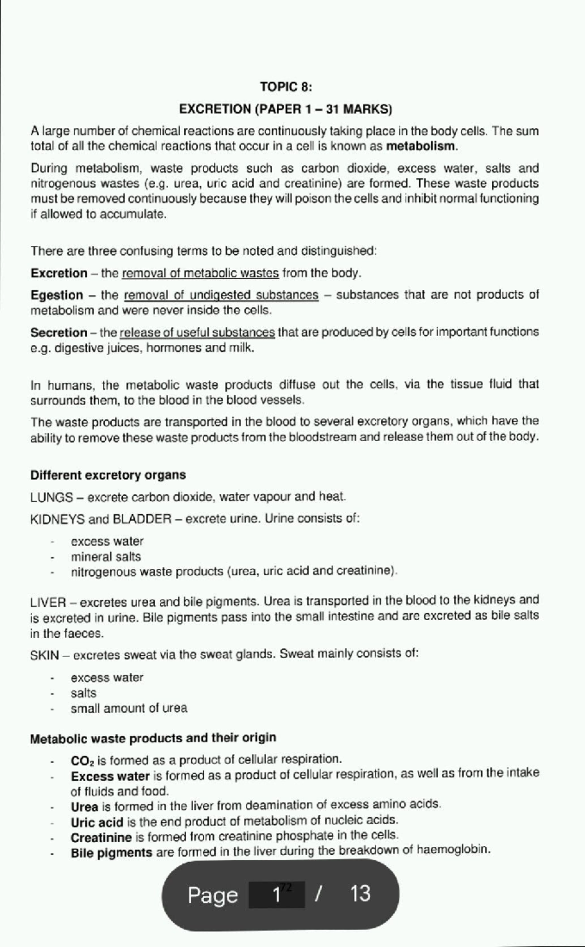 Excretion Notes: Life Science Grade 11 (Topic 8, Paper 31 Marks) - Studocu