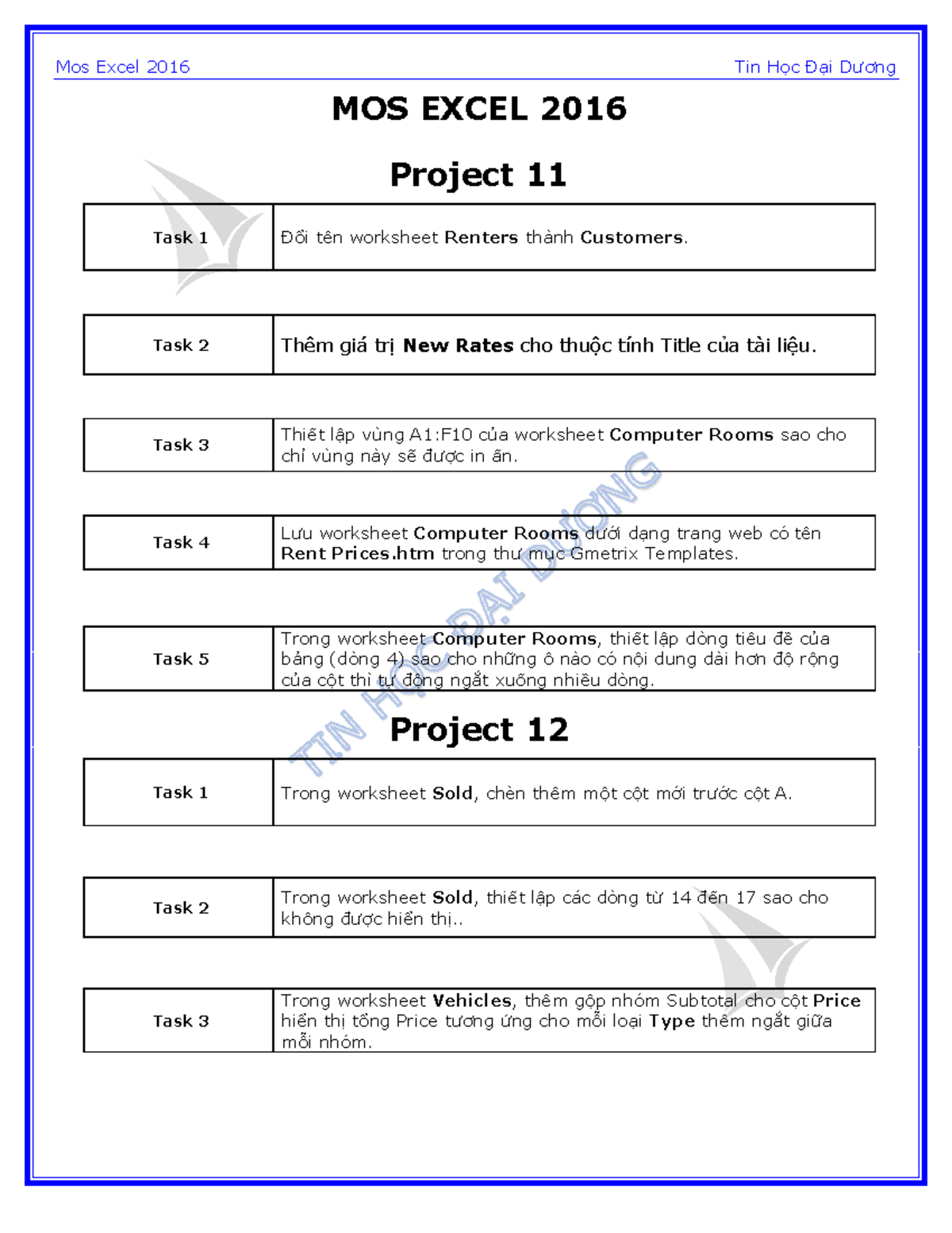 Tai liệu thực hành MOS Excel 2016 - Buổi 3: Project 11-14 - Studocu