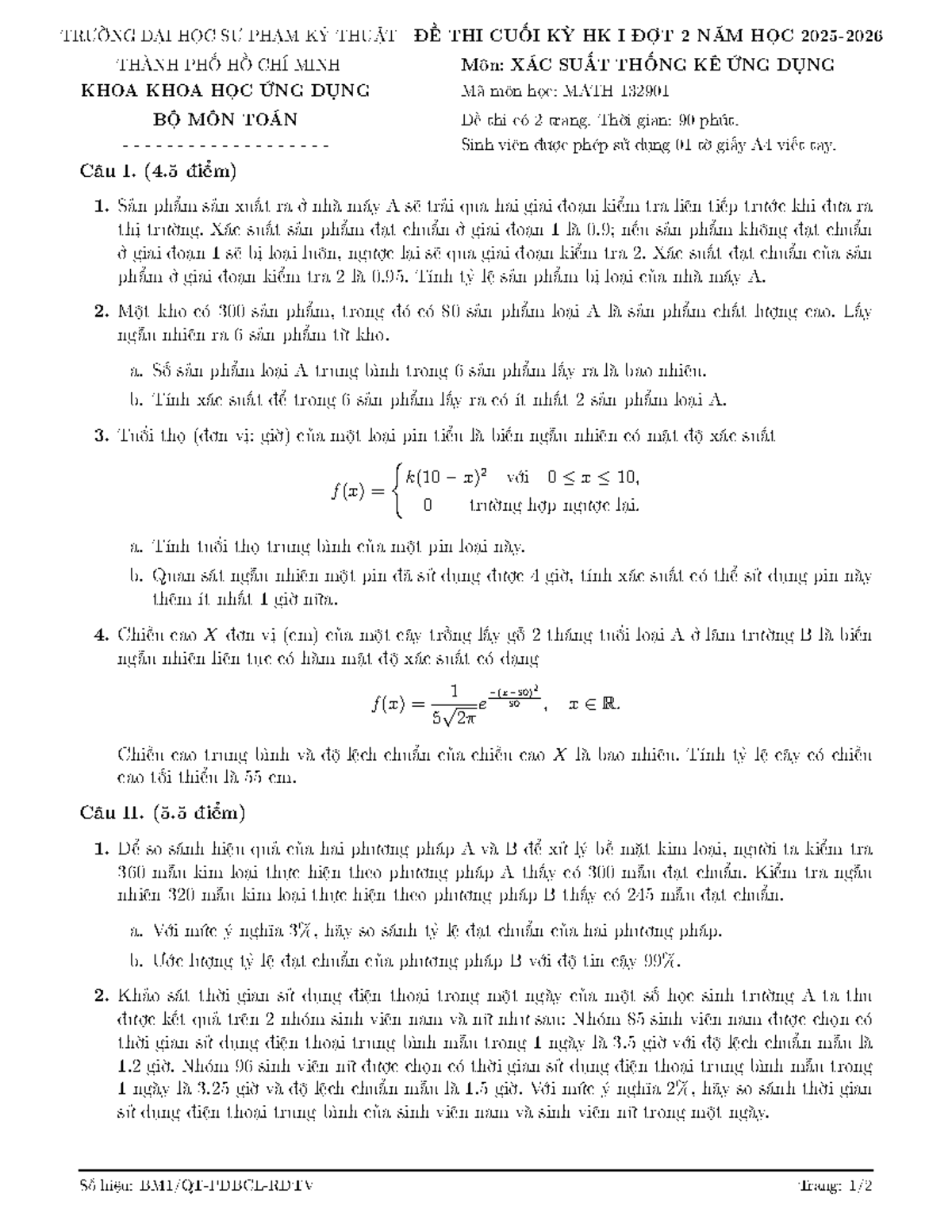 MATH 132901 - Đề Thi Ôn Tập Môn Toán XSTK CLC - Studocu