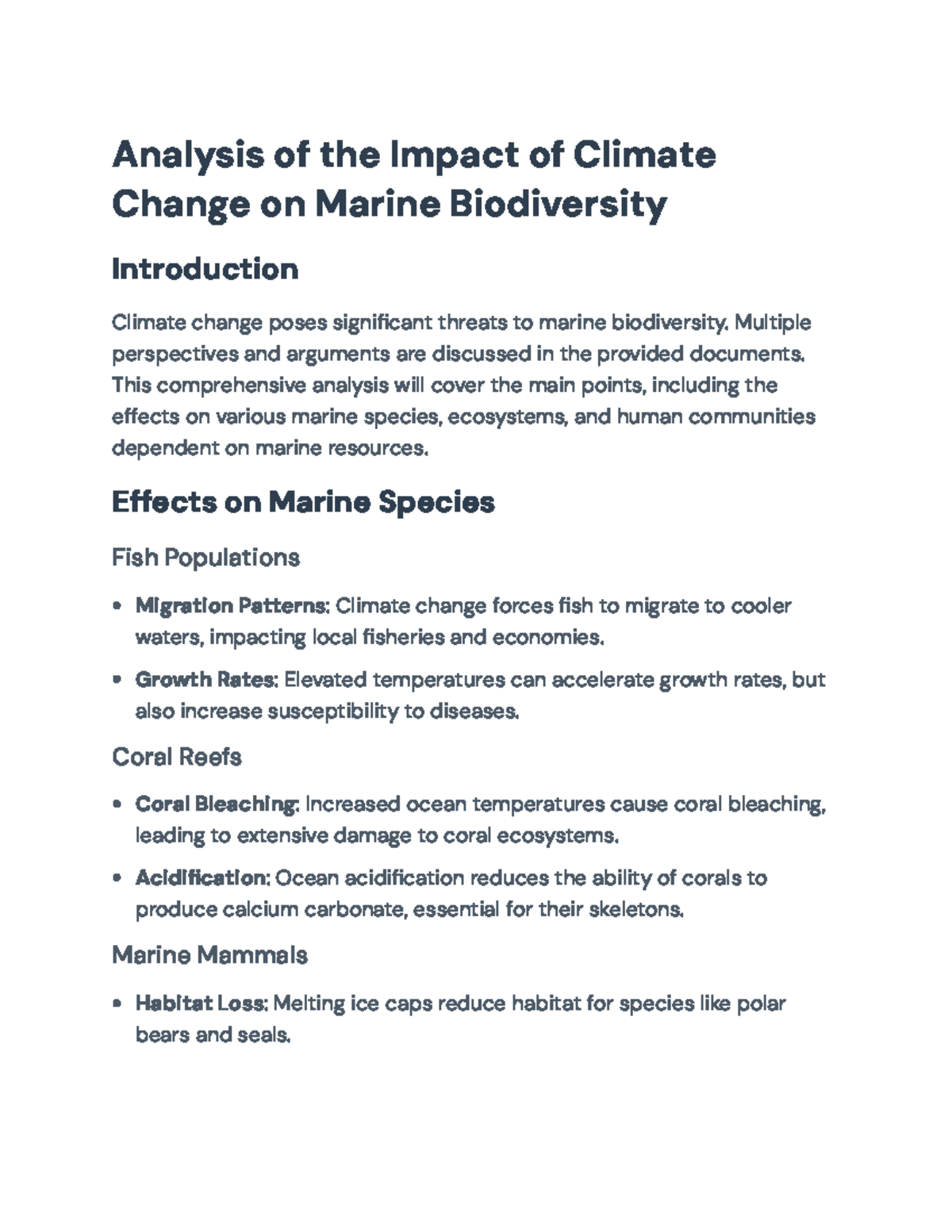 Analysis of Climate Change Impacts on Marine Biodiversity and ...