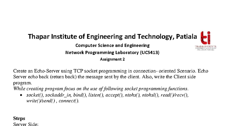 UCS413 Lab Assignment 2: TCP Socket Programming for Echo Server - Studocu