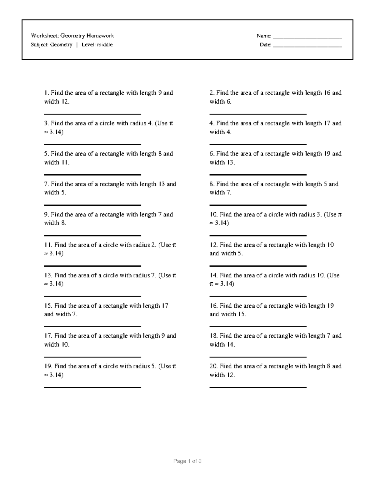 Geometry Homework Worksheet: Area Calculations & Answers - Studocu