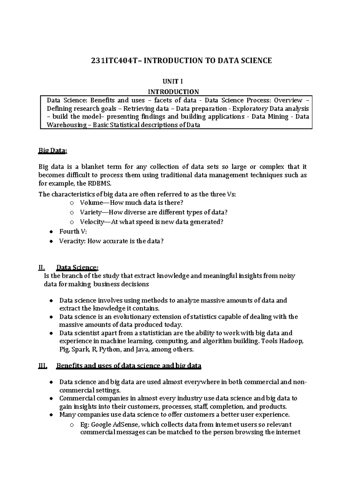 IDS unit1-notes - nil - 231ITC404T– INTRODUCTION TO DATA SCIENCE UNIT I ...