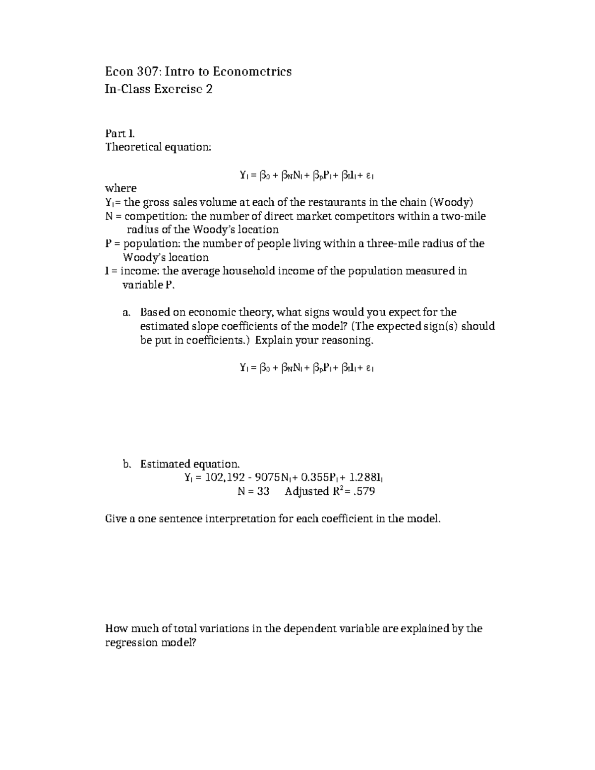 ECON 307 EX 2 - In-Class Econometrics Exercise Practice - Studocu