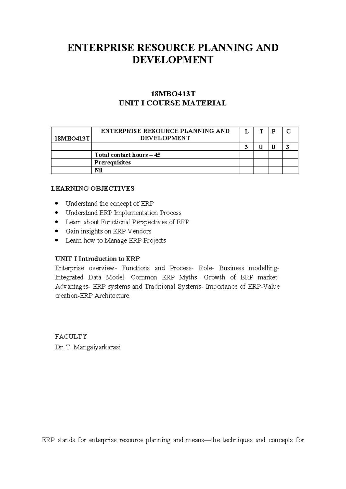 ERP 18MBO413T UNIT I - Introduction to Enterprise Resource Planning ...
