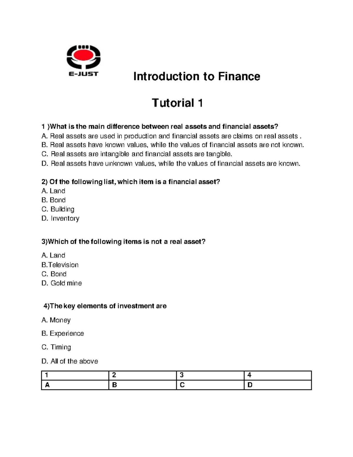 Tutorial 1 - Key Concepts in Finance Fundamentals - Studocu