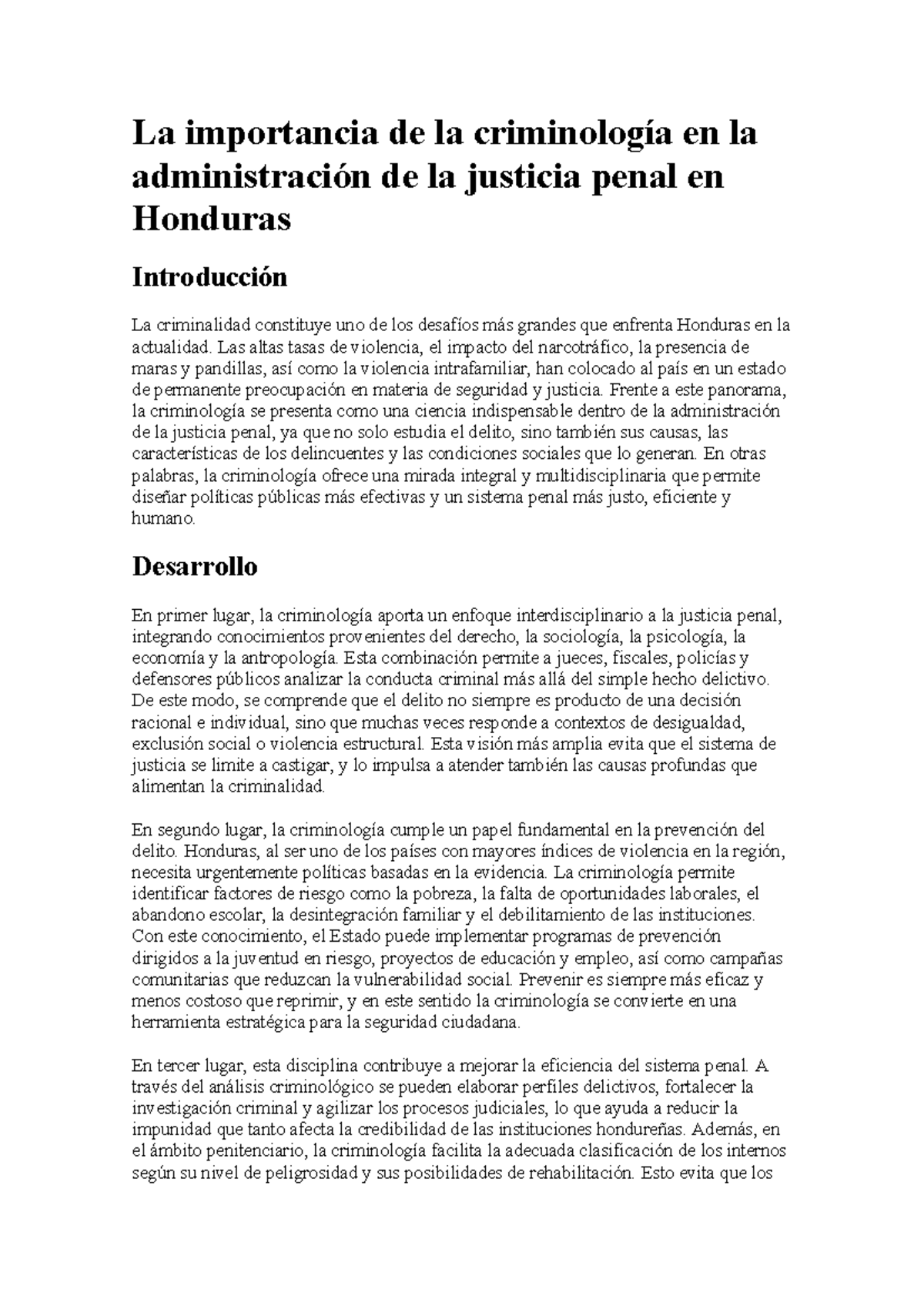 La Criminología y su Rol en la Justicia Penal en Honduras - Studocu