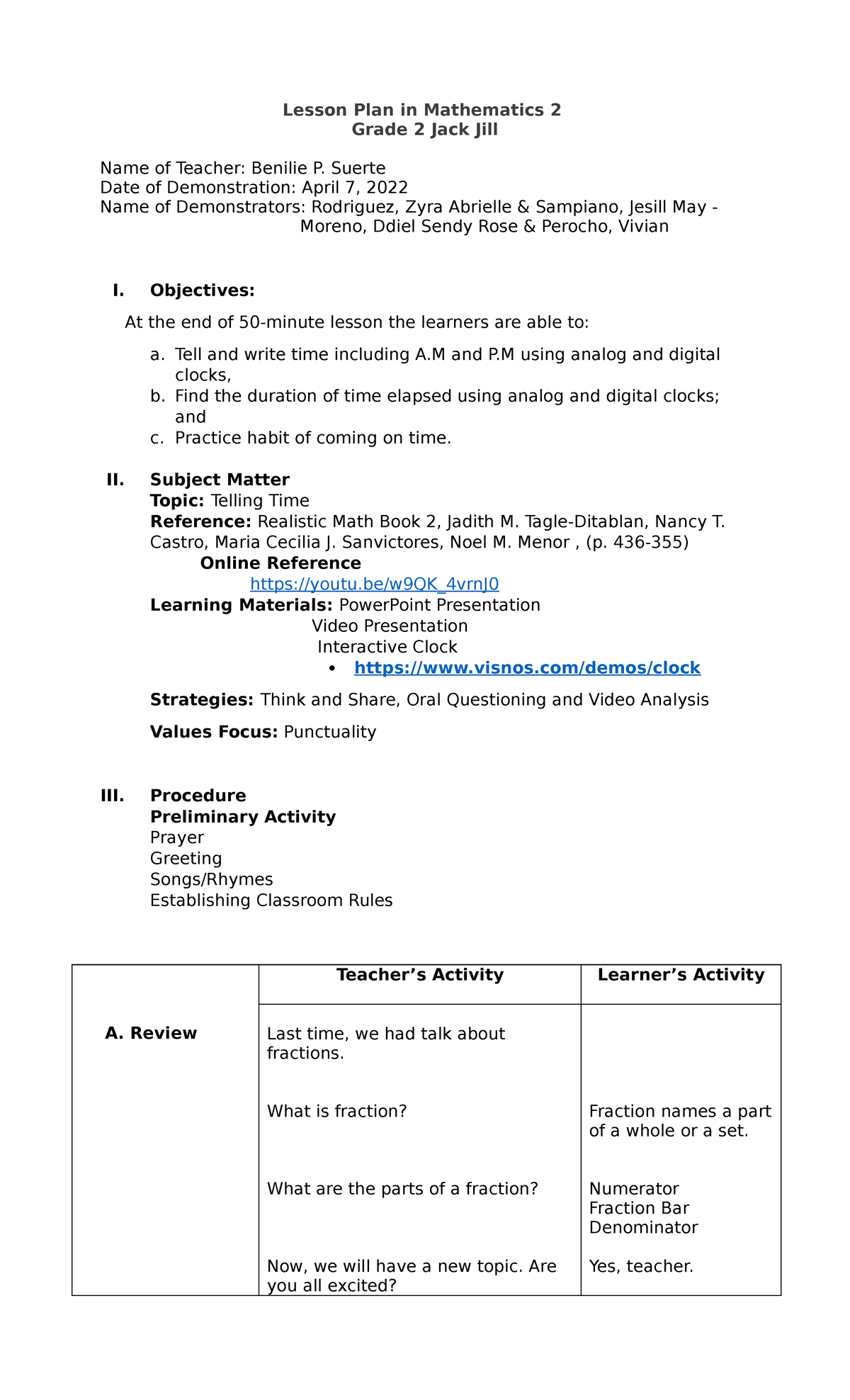 Math 2 Lesson Plan: Telling Time Skills for Grade 2 - Studocu