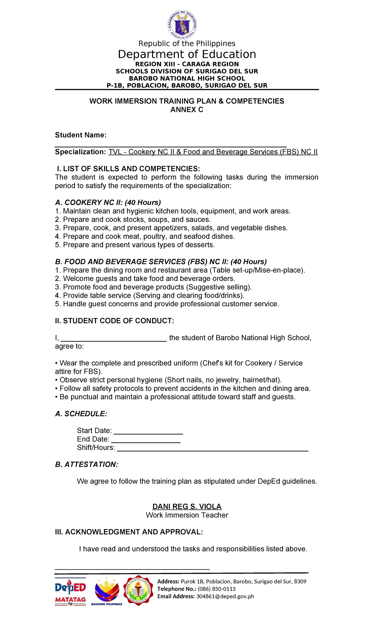 Work Immersion Training Plan for TVL Cookery NC II & FBS NC II - Studocu
